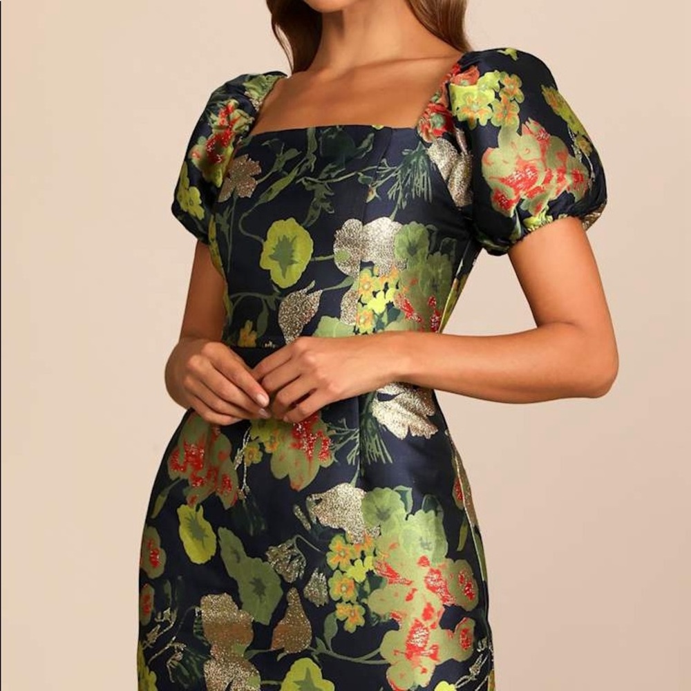 Lulu’s Navy Blue Floral Jacquard Puff Sleeve Mini Dress